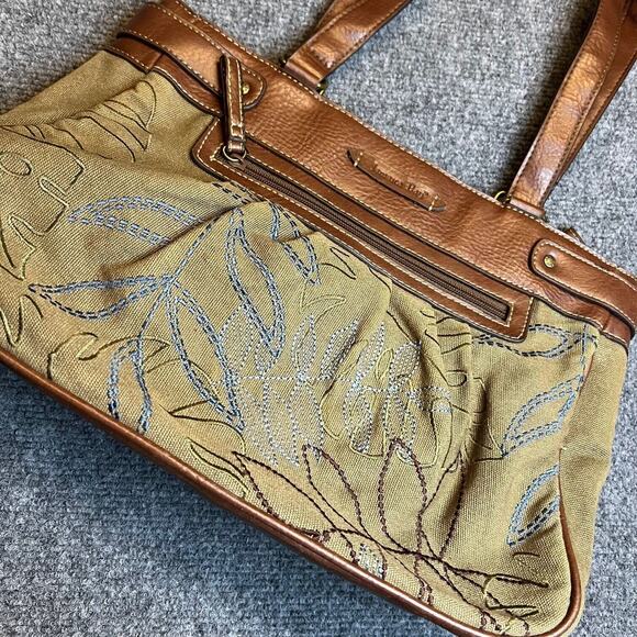Jamaica Bay Shoulder Bag Womens Khaki Brown Canvas Embroidered Floral Lined Boho - Picture 2 of 12